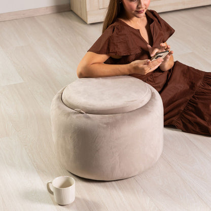 Nala – pouf contenitore in velluto con vassoio reversibile