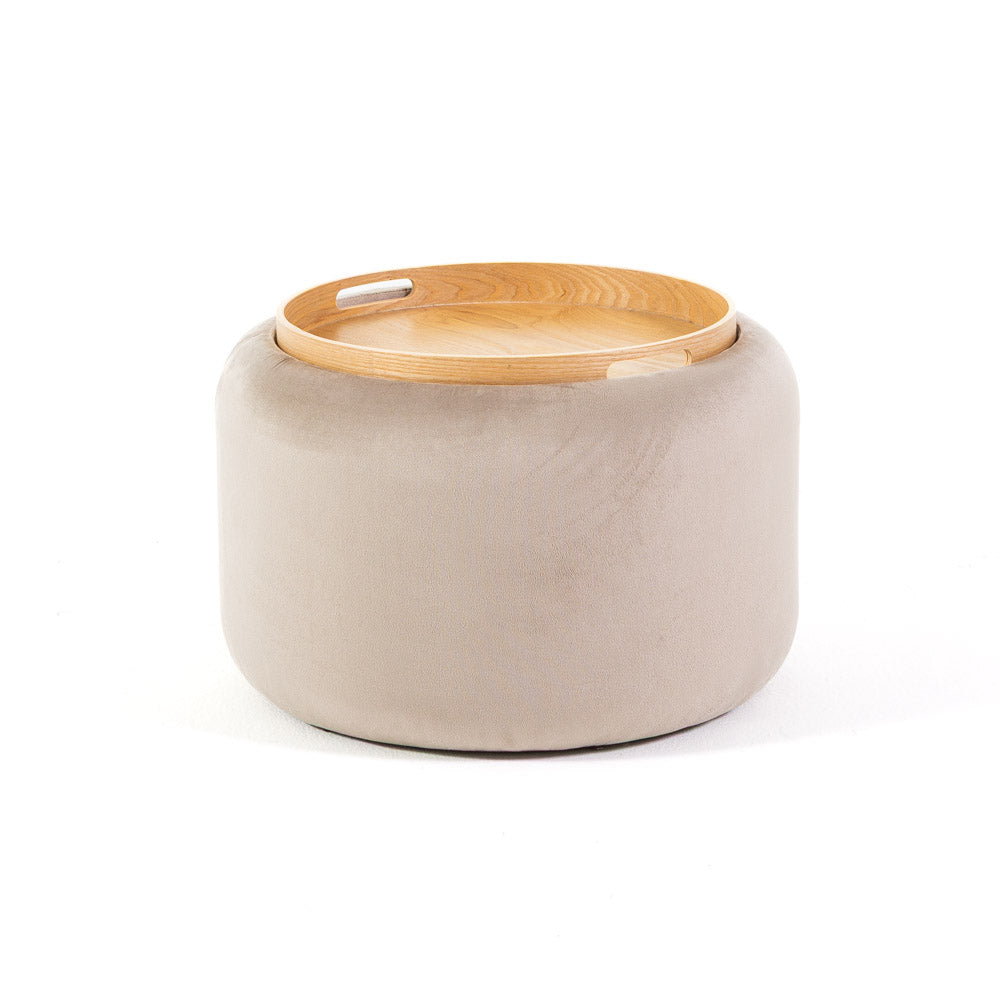 Nala – pouf contenitore in velluto con vassoio reversibile, colore beige