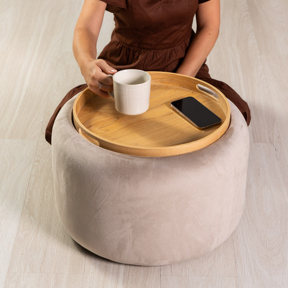 Nala – pouf contenitore in velluto con vassoio reversibile