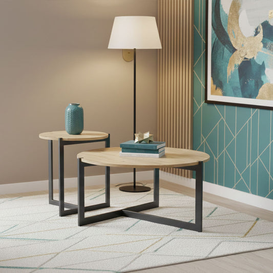 Elon – set 2 tavolini da caffè rotondi in MDF effetto legno