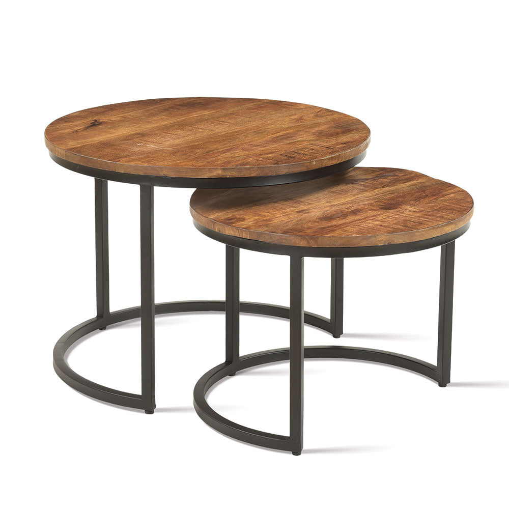 Aron – tavolini da caffè set 2 pezzi in legno di mango e metallo, top tavolo mango marrone
