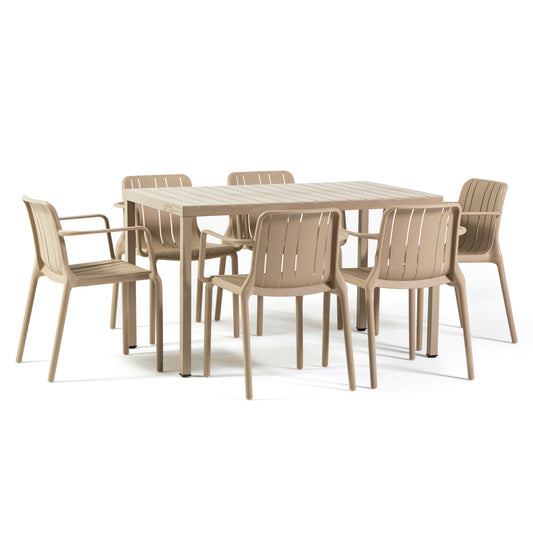 Zeno & Ginny set pranzo da giardino 6 posti con tavolo effetto legno, colore caramello