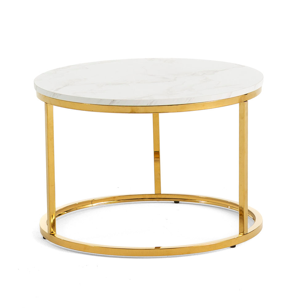 Olek – tavolino da salotto con struttura cromata e piano in melaminico, gambe oro, top tavolo marmo bianco