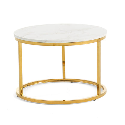Olek – tavolino da salotto con struttura cromata e piano in melaminico, gambe oro, top tavolo marmo bianco