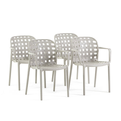 Rebecca – sedia effetto rattan in polipropilene con braccioli, colore greige
