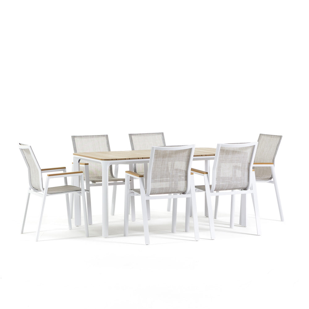 Noè & Deva set pranzo da giardino con tavolo 160x90 e 6 sedie, colore bianco