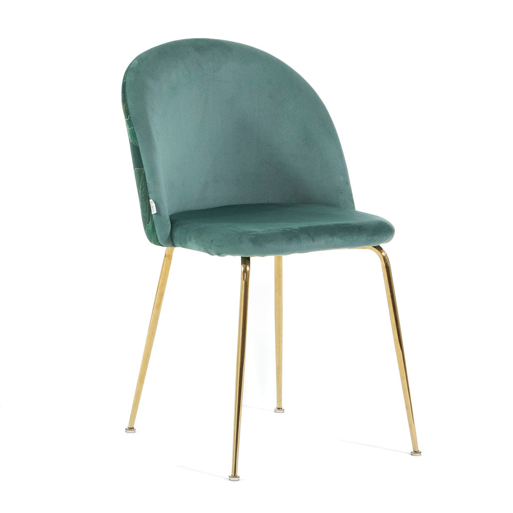 Sara – sedia in velluto decorato con gambe in metallo, colore folia verde giada, gambe oro