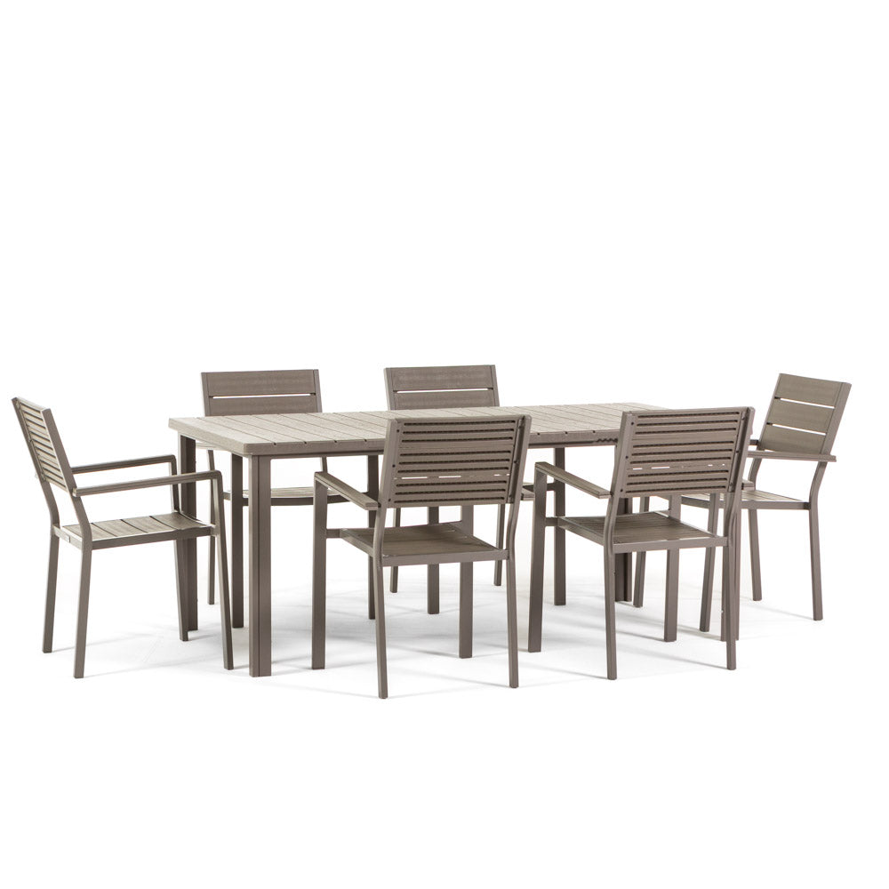 Thomas & Adele set pranzo da esterno con 6 sedie effetto legno, colore tortora, dimensione tavolo 180x90 cm