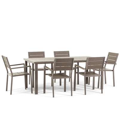 Thomas & Adele set pranzo da esterno con 6 sedie effetto legno, colore tortora, dimensione tavolo 180x90 cm