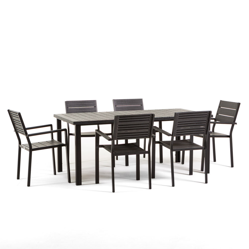 Thomas & Adele set pranzo da esterno con 6 sedie effetto legno, colore antracite, dimensione tavolo 180x90 cm