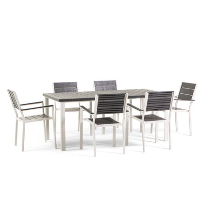 Thomas & Adele set pranzo da esterno con 6 sedie effetto legno, colore bianco/ardesia, dimensione tavolo 180x90 cm