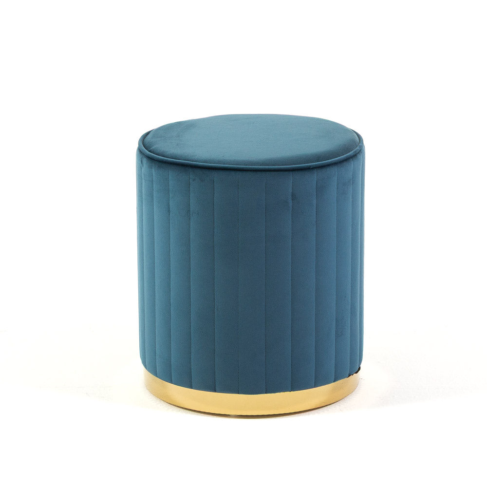 Ruby – pouf cilindrico in velluto trapuntato con base cromata, colore blu, gambe oro, tipo di tessuto velluto