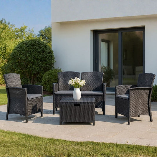 Lugano – set da esterno in resina effetto rattan con tavolino contenitore